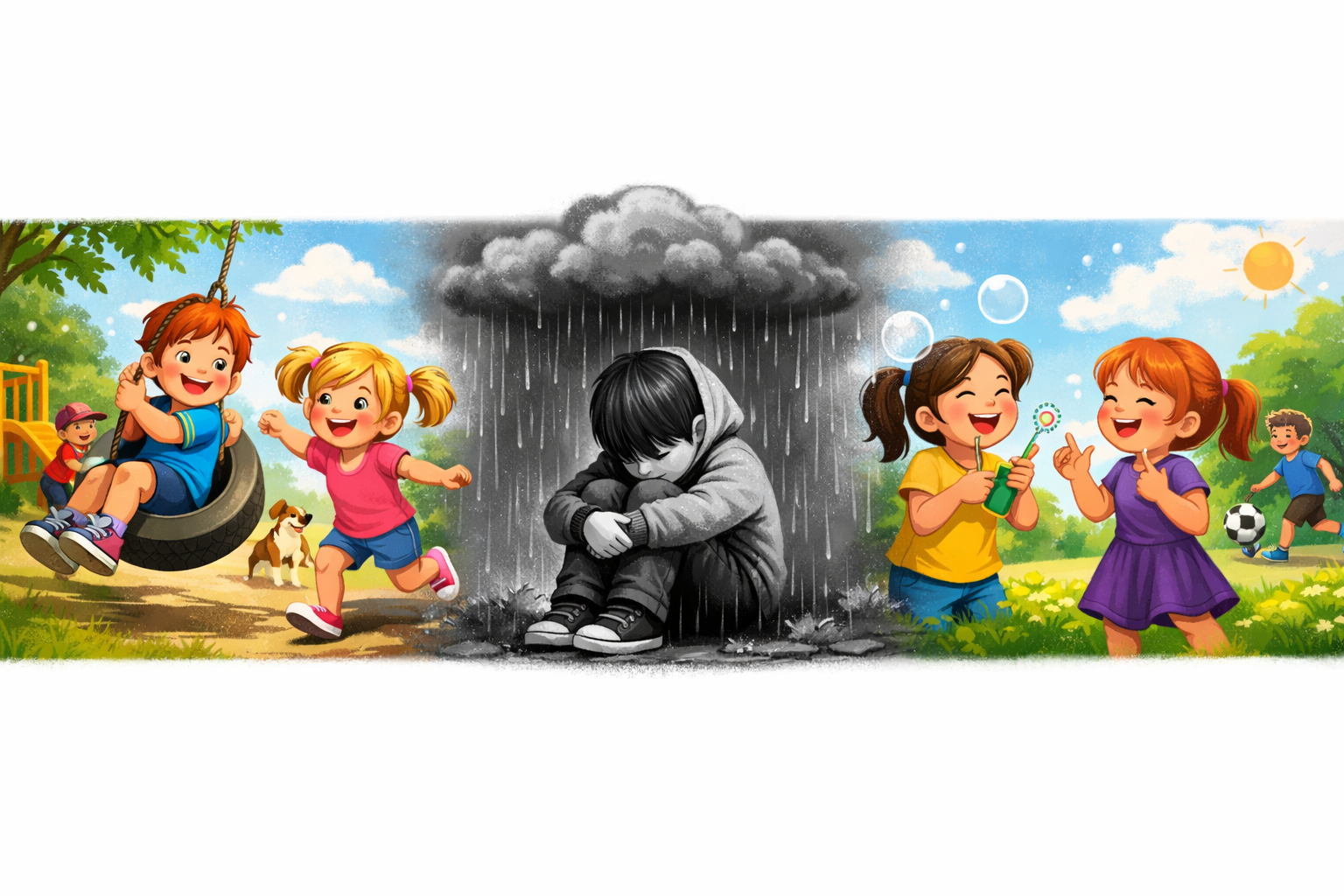 Játszó gyerekek, középen egy magányos gyermek